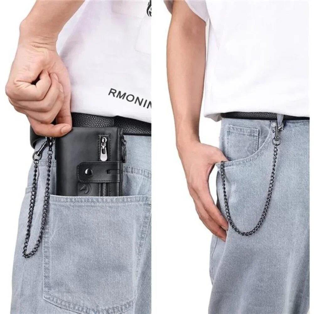 Mens Wallet with Chain Genuine Leather Purse RFID Blocking Bifold Double Zipper